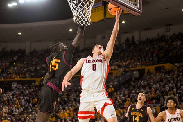 NCAA, College League, USA Basketball: Arizona Wildcats at Arizona State Sun Devils Arizona Wildcats forward Ivan Kharchenkov (8) attempts a layup in the second half of the NCAA basketball game against the Arizona State Sun Devils in Tempe, Arizona, Saturday, January 31, 2026. Arizona defeated Arizona State 87-74 (Thomas Fernandez Image of . Tempe Arizona United States EDITORIAL USE ONLY Copyright: xImagexofxSportx ThomasxFernandezx iosphotos394473