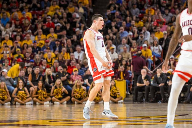 NCAA, College League, USA Basketball: Arizona Wildcats at Arizona State Sun Devils Arizona Wildcats forward Ivan Kharchenkov (8) celebrates after taking the lead in the second half of the NCAA basketball game against the Arizona State Sun Devils in Tempe, Arizona, Saturday, January 31, 2026. Arizona defeated Arizona State 87-74 (Thomas Fernandez Image of . Tempe Arizona United States EDITORIAL USE ONLY Copyright: xImagexofxSportx ThomasxFernandezx iosphotos394483