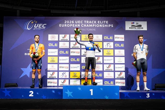 DORENBOS Yanne, LEITAO Iuri, KLUGE Roger: UEC Track cycling, Rad, Radsport, Bahnrad, Bahn European Championships Konya 2026 DORENBOS Yanne ( NED ) Netherlands Second Place - LEITAO Iuri ( POR ) Portugal Winner - First Place KLUGE Roger ( GER ) Germany Third Place - Award Ceremony - Medal Ceremony - Podium - Querformat - quer - horizontal - Landscape - Event Veranstaltung: UEC Track Cycling European Championships 2026 - Category Kategorie: Cycling - Track Cycling European Championships - Location Ort: Asia - Türkiye - Konya - Discipline: Omnium - Category: Elite Men - Distance: ... m - Date Datum: 04.02.2026 Wednesday Day 4 -