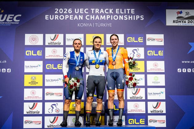 BERTEAU Victoire, KOPECKY Lotte, VAN ROOIJEN Sofie: UEC Track cycling, Rad, Radsport, Bahnrad, Bahn European Championships Konya 2026 BERTEAU Victoire ( FRA ) France Second Place - KOPECKY Lotte ( BEL ) Belgium Winner - First Place - VAN ROOIJEN Sofie ( NED ) Netherlands Third Place Award Ceremony - Medal Ceremony - Podium - Querformat - quer - horizontal - Landscape - Event Veranstaltung: UEC Track Cycling European Championships 2026 - Category Kategorie: Cycling - Track Cycling European Championships - Location Ort: Asia - Türkiye - Konya - Discipline: Points Race - Category: Elite Women - Distance: 25 km - Date Datum: 04.02.2026 Wednesday Day 4 -