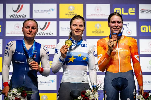 BERTEAU Victoire, KOPECKY Lotte, VAN ROOIJEN Sofie: UEC Track cycling, Rad, Radsport, Bahnrad, Bahn European Championships Konya 2026 BERTEAU Victoire ( FRA ) France Second Place - KOPECKY Lotte ( BEL ) Belgium Winner - First Place - VAN ROOIJEN Sofie ( NED ) Netherlands Third Place Award Ceremony - Medal Ceremony - Podium - Querformat - quer - horizontal - Landscape - Event Veranstaltung: UEC Track Cycling European Championships 2026 - Category Kategorie: Cycling - Track Cycling European Championships - Location Ort: Asia - Türkiye - Konya - Discipline: Points Race - Category: Elite Women - Distance: 25 km - Date Datum: 04.02.2026 Wednesday Day 4 -