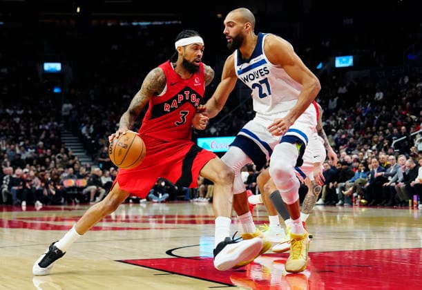 February 4, 2026, Toronto, On, CANADA: Toronto Raptors Brandon Ingram (3) drives at Minnesota Timberwolves Rudy Gobert (27) during second half NBA, Basketball Herren, USA basketball action in Toronto on Wednesday, Feb. 4, 2026. Canada News - February 4, 2026  - ZUMAc35_ 20260204_zaf_c35_127 Copyright: xFrankxGunnx