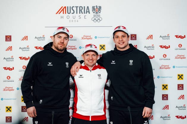 OLYMPICS - Winter Olympic Games, Olympische Spiele, Olympia, OS Milano Cortina 2026 CORTINA D AMPEZZO,ITALY,05.FEB.26 - OLYMPICS, LUGE - Winter Olympic Games Milano Cortina 2026, Austria House, preview, singles, men, press conference, PK, Pressekonferenz Rodel Austria. Image shows Nico Gleirscher (AUT), Wolfgang Kindl (AUT) and Jonas Mueller (AUT).  GEPAxpictures xAlexanderxSolc