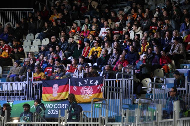 February 5, 2026, Milan, Lombardy, Italy: Fans of Germany attend the Women s Preliminary Round Group B game between Team Sweden and Team Germany at the Milano Cortina 2026 Winter Olympic Games, Olympische Spiele, Olympia, OS Milan Italy - ZUMAc179 20260205_oly_c179_026 Copyright: xMickaelxChavetx