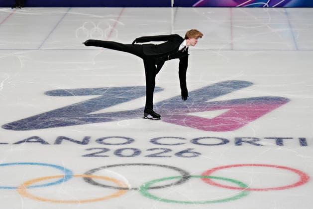 Deniss Vasi?jevs of Latvia performs during Men s Figure skating, Eiskunstlauf practice before the start of the Milan 2026 Winter Olympic Games, Olympische Spiele, Olympia, OS at the Milano Ice Skating Arena in Milan, Italy on Wednesday, February 5, 2026.  OLY20260205104 RichardxEllis