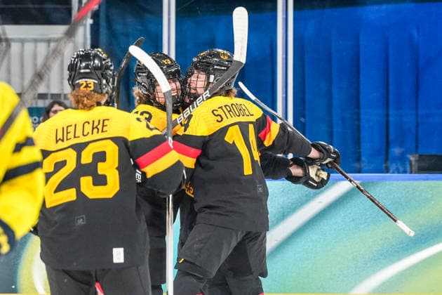 2026-02-05 - Milano Cortina 2026 Winter Olympics Women s Preliminary Round - Group B MILAN, ITALY - FEBRUARY 5: Lilli Welcke of Germany, Carina Strobel of Germany, Katarina Jobst-Smith of Germany celebrating a goal during the Milano Cortina 2026 Winter Olympics Women s Preliminary Round - Group B match between Sweden and Germany at the Milano Rho Ice hockey, Eishockey Arena on February 5, 2026 in Milan, Italy Milan Milano Rho Ice Hockey Arena Italy Content not available for redistribution in The Netherlands directly or indirectly through any third parties. Copyright: xAndrexWeeningx