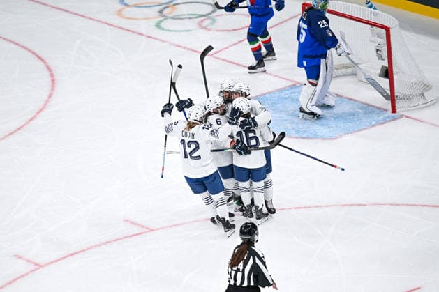 Winter Olympics - Ice hockey, Eishockey Women- France v Italy Estelle Duvin (12) of Team France, Margot Huot-Marchand (6) of Team France, Clara Rozier (16) of Team France during the Ice Hockey Women s Preliminary Round Group B match between France and Italy at Milano Santagiulia Ice Hockey Arena as part of the Olympic Winter games, Winterspiele,Spiele, Summer games Milano Cortina 2026 on February 5, 2026 in Milan, Italy. Photo by JMP ABACAPRESS.COM Milan Italy  Copyright: xJMP ABACAx