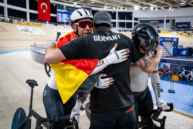 AUGENSTEIN Moritz, KLUGE Roger: UEC Track cycling, Rad, Radsport, Bahnrad, Bahn European Championships Konya 2026 AUGENSTEIN Moritz - KLUGE Roger ( GER ) Germany ECKERT Lu Morten ( GER ) - Mechanic - Querformat - quer - horizontal - Landscape - Event Veranstaltung: UEC Track Cycling European Championships 2026 - Category Kategorie: Cycling - Track Cycling European Championships - Location Ort: Asia - Türkiye - Konya - Discipline: Madison - Category: Elite Men - Distance: 50 km - Date Datum: 05.02.2026 Thursday Day 5 -