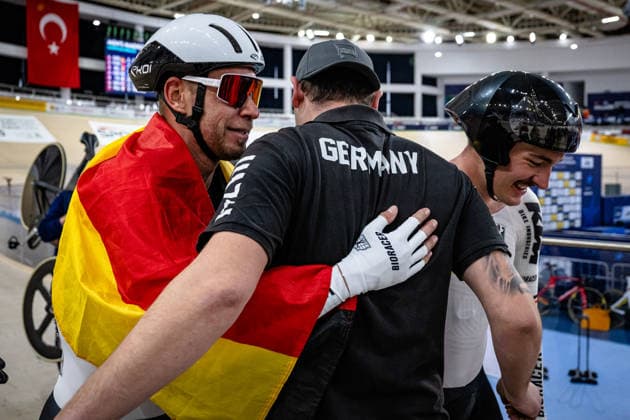 AUGENSTEIN Moritz, KLUGE Roger: UEC Track cycling, Rad, Radsport, Bahnrad, Bahn European Championships Konya 2026 AUGENSTEIN Moritz - KLUGE Roger ( GER ) Germany ECKERT Lu Morten ( GER ) - Mechanic - Querformat - quer - horizontal - Landscape - Event Veranstaltung: UEC Track Cycling European Championships 2026 - Category Kategorie: Cycling - Track Cycling European Championships - Location Ort: Asia - Türkiye - Konya - Discipline: Madison - Category: Elite Men - Distance: 50 km - Date Datum: 05.02.2026 Thursday Day 5 -