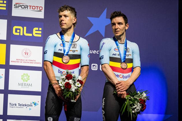 HESTERS Jules, DE BUYST Jasper: UEC Track cycling, Rad, Radsport, Bahnrad, Bahn European Championships Konya 2026 HESTERS Jules - DE BUYST Jasper ( BEL ) Belgium Third Place - Award Ceremony - Medal Ceremony - Podium - Querformat - quer - horizontal - Landscape - Event Veranstaltung: UEC Track Cycling European Championships 2026 - Category Kategorie: Cycling - Track Cycling European Championships - Location Ort: Asia - Türkiye - Konya - Discipline: Madison - Category: Elite Men - Distance: 50 km - Date Datum: 05.02.2026 Thursday Day 5 -