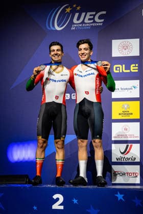 LEITAO Iuri, NARCISO Diogo: UEC Track cycling, Rad, Radsport, Bahnrad, Bahn European Championships Konya 2026 LEITAO Iuri - NARCISO Diogo ( POR ) Portugal Second Place - Award Ceremony - Medal Ceremony - Podium - Hochformat - Hoch - Vertikal - Portrait - Event Veranstaltung: UEC Track Cycling European Championships 2026 - Category Kategorie: Cycling - Track Cycling European Championships - Location Ort: Asia - Türkiye - Konya - Discipline: Madison - Category: Elite Men - Distance: 50 km - Date Datum: 05.02.2026 Thursday Day 5 -