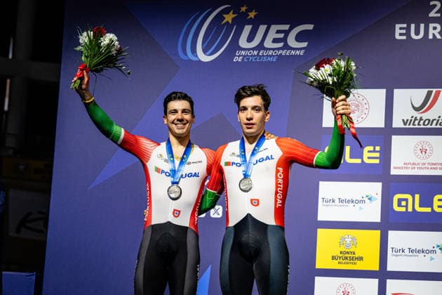 LEITAO Iuri, NARCISO Diogo: UEC Track cycling, Rad, Radsport, Bahnrad, Bahn European Championships Konya 2026 LEITAO Iuri - NARCISO Diogo ( POR ) Portugal Second Place - Award Ceremony - Medal Ceremony - Podium - Querformat - quer - horizontal - Landscape - Event Veranstaltung: UEC Track Cycling European Championships 2026 - Category Kategorie: Cycling - Track Cycling European Championships - Location Ort: Asia - Türkiye - Konya - Discipline: Madison - Category: Elite Men - Distance: 50 km - Date Datum: 05.02.2026 Thursday Day 5 -