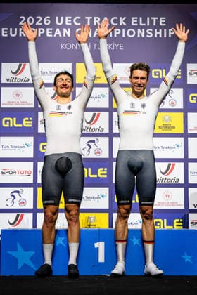 AUGENSTEIN Moritz, KLUGE Roger: UEC Track cycling, Rad, Radsport, Bahnrad, Bahn European Championships Konya 2026 AUGENSTEIN Moritz - KLUGE Roger ( GER ) Germany Winner - First Place - Award Ceremony - Medal Ceremony - Podium - Hochformat - Hoch - Vertikal - Portrait - Event Veranstaltung: UEC Track Cycling European Championships 2026 - Category Kategorie: Cycling - Track Cycling European Championships - Location Ort: Asia - Türkiye - Konya - Discipline: Madison - Category: Elite Men - Distance: 50 km - Date Datum: 05.02.2026 Thursday Day 5 -