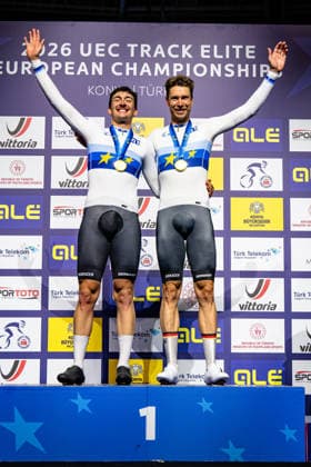 AUGENSTEIN Moritz, KLUGE Roger: UEC Track cycling, Rad, Radsport, Bahnrad, Bahn European Championships Konya 2026 AUGENSTEIN Moritz - KLUGE Roger ( GER ) Germany Winner - First Place - Award Ceremony - Medal Ceremony - Podium - Hochformat - Hoch - Vertikal - Portrait - Event Veranstaltung: UEC Track Cycling European Championships 2026 - Category Kategorie: Cycling - Track Cycling European Championships - Location Ort: Asia - Türkiye - Konya - Discipline: Madison - Category: Elite Men - Distance: 50 km - Date Datum: 05.02.2026 Thursday Day 5 -