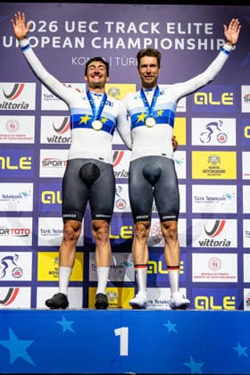 AUGENSTEIN Moritz, KLUGE Roger: UEC Track cycling, Rad, Radsport, Bahnrad, Bahn European Championships Konya 2026 AUGENSTEIN Moritz - KLUGE Roger ( GER ) Germany Winner - First Place - Award Ceremony - Medal Ceremony - Podium - Hochformat - Hoch - Vertikal - Portrait - Event Veranstaltung: UEC Track Cycling European Championships 2026 - Category Kategorie: Cycling - Track Cycling European Championships - Location Ort: Asia - Türkiye - Konya - Discipline: Madison - Category: Elite Men - Distance: 50 km - Date Datum: 05.02.2026 Thursday Day 5 -