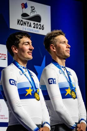 AUGENSTEIN Moritz, KLUGE Roger: UEC Track cycling, Rad, Radsport, Bahnrad, Bahn European Championships Konya 2026 AUGENSTEIN Moritz - KLUGE Roger ( GER ) Germany Winner - First Place - Award Ceremony - Medal Ceremony - Podium - Hochformat - Hoch - Vertikal - Portrait - Event Veranstaltung: UEC Track Cycling European Championships 2026 - Category Kategorie: Cycling - Track Cycling European Championships - Location Ort: Asia - Türkiye - Konya - Discipline: Madison - Category: Elite Men - Distance: 50 km - Date Datum: 05.02.2026 Thursday Day 5 -