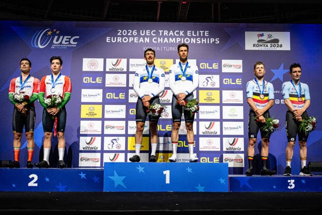 LEITAO Iuri, NARCISO Diogo, AUGENSTEIN Moritz, KLUGE Roger, HESTERS Jules, DE BUYST Jasper: UEC Track cycling, Rad, Radsport, Bahnrad, Bahn European Championships Konya 2026 LEITAO Iuri - NARCISO Diogo ( POR ) Portugal Second Place - AUGENSTEIN Moritz - KLUGE Roger ( GER ) Germany Winner - First Place - HESTERS Jules - DE BUYST Jasper ( BEL ) Belgium Third Place - Award Ceremony - Medal Ceremony - Podium - Querformat - quer - horizontal - Landscape - Event Veranstaltung: UEC Track Cycling European Championships 2026 - Category Kategorie: Cycling - Track Cycling European Championships - Location Ort: Asia - Türkiye - Konya - Discipline: Madison - Category: Elite Men - Distance: 50 km - Date Datum: 05.02.2026 Thursday Day 5 -