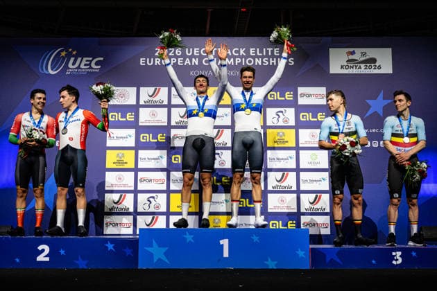 LEITAO Iuri, NARCISO Diogo, AUGENSTEIN Moritz, KLUGE Roger, HESTERS Jules, DE BUYST Jasper: UEC Track cycling, Rad, Radsport, Bahnrad, Bahn European Championships Konya 2026 LEITAO Iuri - NARCISO Diogo ( POR ) Portugal Second Place - AUGENSTEIN Moritz - KLUGE Roger ( GER ) Germany Winner - First Place - HESTERS Jules - DE BUYST Jasper ( BEL ) Belgium Third Place - Award Ceremony - Medal Ceremony - Podium - Querformat - quer - horizontal - Landscape - Event Veranstaltung: UEC Track Cycling European Championships 2026 - Category Kategorie: Cycling - Track Cycling European Championships - Location Ort: Asia - Türkiye - Konya - Discipline: Madison - Category: Elite Men - Distance: 50 km - Date Datum: 05.02.2026 Thursday Day 5 -
