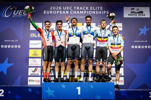 LEITAO Iuri, NARCISO Diogo, AUGENSTEIN Moritz, KLUGE Roger, HESTERS Jules, DE BUYST Jasper: UEC Track cycling, Rad, Radsport, Bahnrad, Bahn European Championships Konya 2026 LEITAO Iuri - NARCISO Diogo ( POR ) Portugal Second Place - AUGENSTEIN Moritz - KLUGE Roger ( GER ) Germany Winner - First Place - HESTERS Jules - DE BUYST Jasper ( BEL ) Belgium Third Place - Award Ceremony - Medal Ceremony - Podium - Querformat - quer - horizontal - Landscape - Event Veranstaltung: UEC Track Cycling European Championships 2026 - Category Kategorie: Cycling - Track Cycling European Championships - Location Ort: Asia - Türkiye - Konya - Discipline: Madison - Category: Elite Men - Distance: 50 km - Date Datum: 05.02.2026 Thursday Day 5 -