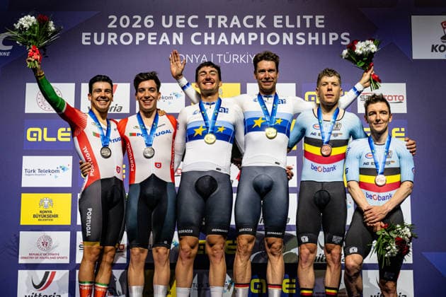 LEITAO Iuri, NARCISO Diogo, AUGENSTEIN Moritz, KLUGE Roger, HESTERS Jules, DE BUYST Jasper: UEC Track cycling, Rad, Radsport, Bahnrad, Bahn European Championships Konya 2026 LEITAO Iuri - NARCISO Diogo ( POR ) Portugal Second Place - AUGENSTEIN Moritz - KLUGE Roger ( GER ) Germany Winner - First Place - HESTERS Jules - DE BUYST Jasper ( BEL ) Belgium Third Place - Award Ceremony - Medal Ceremony - Podium - Querformat - quer - horizontal - Landscape - Event Veranstaltung: UEC Track Cycling European Championships 2026 - Category Kategorie: Cycling - Track Cycling European Championships - Location Ort: Asia - Türkiye - Konya - Discipline: Madison - Category: Elite Men - Distance: 50 km - Date Datum: 05.02.2026 Thursday Day 5 -