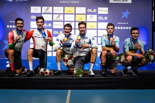 LEITAO Iuri, NARCISO Diogo, AUGENSTEIN Moritz, KLUGE Roger, HESTERS Jules, DE BUYST Jasper: UEC Track cycling, Rad, Radsport, Bahnrad, Bahn European Championships Konya 2026 LEITAO Iuri - NARCISO Diogo ( POR ) Portugal Second Place - AUGENSTEIN Moritz - KLUGE Roger ( GER ) Germany Winner - First Place - HESTERS Jules - DE BUYST Jasper ( BEL ) Belgium Third Place - Award Ceremony - Medal Ceremony - Podium - Querformat - quer - horizontal - Landscape - Event Veranstaltung: UEC Track Cycling European Championships 2026 - Category Kategorie: Cycling - Track Cycling European Championships - Location Ort: Asia - Türkiye - Konya - Discipline: Madison - Category: Elite Men - Distance: 50 km - Date Datum: 05.02.2026 Thursday Day 5 -