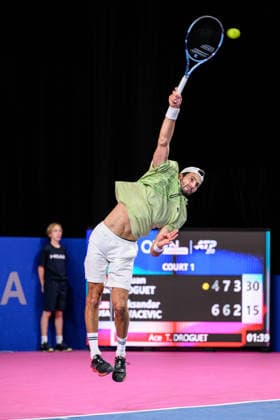 February 5, 2026, Perols, Montpellier, Occitanie, France: Titouan Droguet of France delivers a serve during his match against Aleksandar Kovacevic of the United States at Open Occitanie on February 5, 2026, at Sud de France Arena in Montpellier, France. Perols, Montpellier France - ZUMAc313 20260205_zsp_c313_009 Copyright: xFaresxChafaix