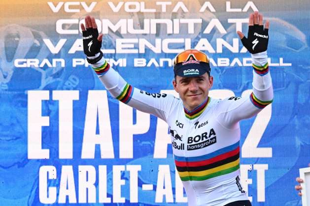 Tour of Valencia 2026 Stage 2 ALGINET, SPAIN - FEBRUARY 05 : Evenepoel Remco (BEL) of Red Bull BORA Hansgrohe pictured during the podium ceremony of stage 2 of the 77th edition of Volta a la Comunitat Valenciana an UCI ProSeries 2.Pro Individual Time Trial stage for Men Elite of 17.5 km with start in Carlet and finish in Alginet on February 5, 2026 in Alginet, Spain, 05 02 2026 Alginet Spain  Copyright: xVincentxKalutx