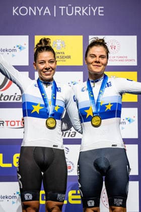 BOSSUYT Shari, KOPECKY Lotte: UEC Track cycling, Rad, Radsport, Bahnrad, Bahn European Championships Konya 2026 BOSSUYT Shari - KOPECKY Lotte ( BEL ) Belgium Winner - First Place - Award Ceremony - Medal Ceremony - Podium -Hochformat - Hoch - Vertikal - Portrait - Event Veranstaltung: UEC Track Cycling European Championships 2026 - Category Kategorie: Cycling - Track Cycling European Championships - Location Ort: Asia - Türkiye - Konya - Discipline: Madison - Category: Elite Women - Distance: 30 km - Date Datum: 05.02.2026 Thursday Day 5 -