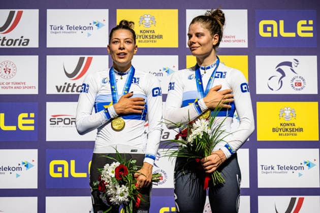 BOSSUYT Shari, KOPECKY Lotte: UEC Track cycling, Rad, Radsport, Bahnrad, Bahn European Championships Konya 2026 BOSSUYT Shari - KOPECKY Lotte ( BEL ) Belgium Winner - First Place Award Ceremony - Medal Ceremony - Podium - Querformat - quer - horizontal - Landscape - Event Veranstaltung: UEC Track Cycling European Championships 2026 - Category Kategorie: Cycling - Track Cycling European Championships - Location Ort: Asia - Türkiye - Konya - Discipline: Madison - Category: Elite Women - Distance: 30 km - Date Datum: 05.02.2026 Thursday Day 5 -