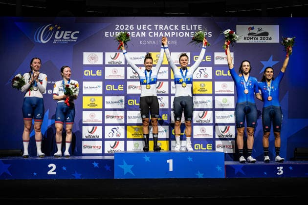 ARCHIBALD Katie, MORRIS Anna, BOSSUYT Shari, KOPECKY Lotte, VENTURELLI Federica, BALSAMO Elisa: UEC Track cycling, Rad, Radsport, Bahnrad, Bahn European Championships Konya 2026 ARCHIBALD Katie - MORRIS Anna ( GBR ) Great Britain Second Place - BOSSUYT Shari - KOPECKY Lotte ( BEL ) Belgium Winner - First Place VENTURELLI Federica - BALSAMO Elisa ( ITA ) Italy Third Place - Award Ceremony - Medal Ceremony - Podium - Querformat - quer - horizontal - Landscape - Event Veranstaltung: UEC Track Cycling European Championships 2026 - Category Kategorie: Cycling - Track Cycling European Championships - Location Ort: Asia - Türkiye - Konya - Discipline: Madison - Category: Elite Women - Distance: 30 km - Date Datum: 05.02.2026 Thursday Day 5 -
