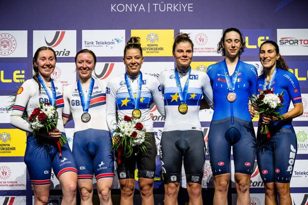 ARCHIBALD Katie, MORRIS Anna, BOSSUYT Shari, KOPECKY Lotte, VENTURELLI Federica, BALSAMO Elisa: UEC Track cycling, Rad, Radsport, Bahnrad, Bahn European Championships Konya 2026 ARCHIBALD Katie - MORRIS Anna ( GBR ) Great Britain Second Place - BOSSUYT Shari - KOPECKY Lotte ( BEL ) Belgium Winner - First Place VENTURELLI Federica - BALSAMO Elisa ( ITA ) Italy Third Place - Award Ceremony - Medal Ceremony - Podium - Querformat - quer - horizontal - Landscape - Event Veranstaltung: UEC Track Cycling European Championships 2026 - Category Kategorie: Cycling - Track Cycling European Championships - Location Ort: Asia - Türkiye - Konya - Discipline: Madison - Category: Elite Women - Distance: 30 km - Date Datum: 05.02.2026 Thursday Day 5 -
