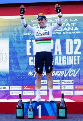 Belgian Remco Evenepoel of Red Bull-BORA-hansgrohe celebrates on the podium as he won stage 2 of the 2026 Volta Comunitat Valenciana, Tour of Valencia cycling race, a time-trial from Carlet to Alginet (17,5 km), on Thursday 05 February 2026 in Spain. The race takes place from 4 to 8 February and runs through the three provinces of the Valencian Community. JOMAxGARCIA  x161280007x