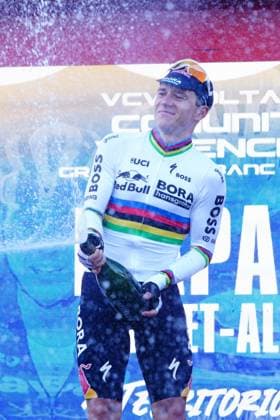 Belgian Remco Evenepoel of Red Bull-BORA-hansgrohe celebrates on the podium after winning stage 2 of the 2026 Volta Comunitat Valenciana, Tour of Valencia cycling race, a time-trial from Carlet to Alginet (17,5 km), on Thursday 05 February 2026 in Spain. The race takes place from 4 to 8 February and runs through the three provinces of the Valencian Community. JOMAxGARCIA  x161280496x