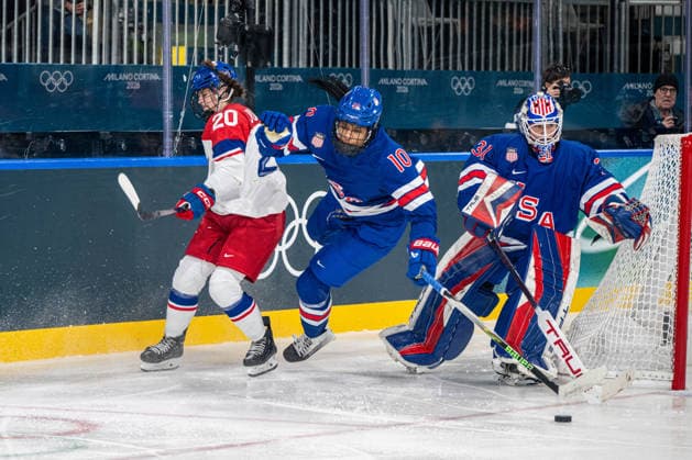 February 5, 2026, Milano, Lombardia, Italy: Jurickova Barbora (cze),Edwards Laila (usa) during the Winter Olympic Games, Olympische Spiele, Olympia, OS Milano Cortina 2026, at the Milano Rho Ice hockey, Eishockey Arena, on February 5, 2026 in Milano, Italy Milano Italy - ZUMAm345 20260205_zsp_m345_048 Copyright: xFedericoxManonix