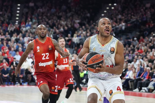 Jaron Blossomgame (AS Monaco, 04) mit Isiaha Mike (FC Bayern Basketball, 22), GER, FC Bayern Basketball vs. AS Monaco, Basketball, Euroleague, 27. Spieltag, Saison 2025 2026, 05.02.2026, GER, FC Bayern Basketball vs. AS Monaco, Basketball, Euroleague, 27. Spieltag, Saison 2025 2026, 05.02.2026 Muenchen Copyright: xEibner-Pressefoto JennixMaulx EP_JML
