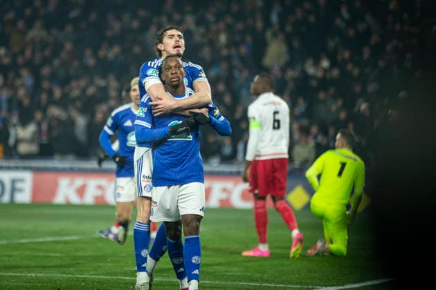 FOOTBALL: Coupe de France Racing Strasbourg (RCS) vs As Monaco. 05 02 2026 Stade de la Meinau. Strasbourg - France Joie des joueurs de l equipe de Racing Strasbourg apres le but de Martial Godo 20 (RCS) but  Copyright: xx