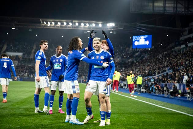 FOOTBALL: Coupe de France Racing Strasbourg (RCS) vs As Monaco. 05 02 2026 Stade de la Meinau. Strasbourg - France Joie des joueurs de l equipe de Racing Strasbourg apres le but de Julio Encisco (RCS)  Copyright: xElyxandroxCEGARRAx