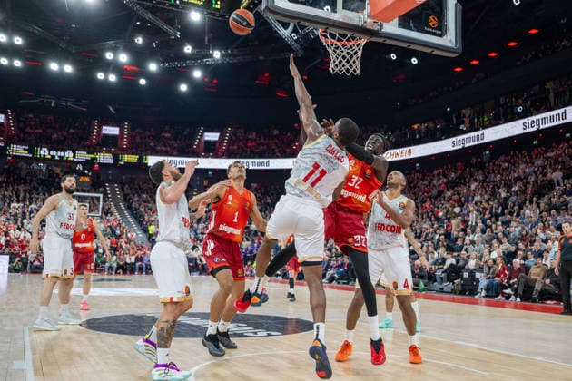 Oscar da Silva 1 (FC Bayern Basketball), Alpha Diallo 11 (AS Monaco Basket), Wenyen Gabriel 32 (FC Bayern Basketball), Jaron Blossomgame 4 (AS Monaco Basket), FC Bayern Basketball vs. AS Monaco Basket, EuroLeague 27. Spieltag, 05.02.2026 Muenchen Bayern Deutschland