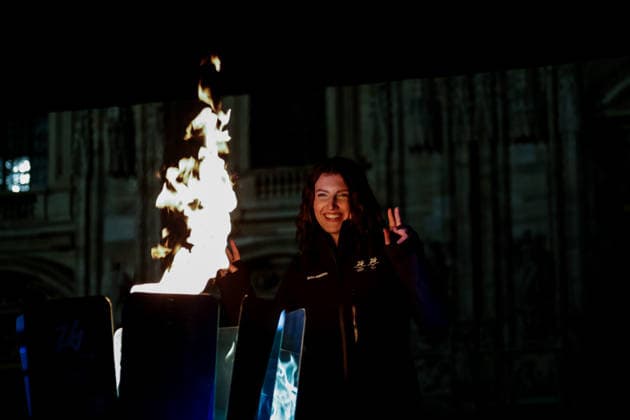 Olympic torch in Piazza Duomo, Milan MILAN, ITALY – FEBRUARY 5: The Olympic Flame, carried by torchbearers, reaches Piazza Duomo before thousands of people in Milan, Italy, on February 5, 2026. The flame departed from Olympia, Greece, on November 26, 2025, with the lighting of the traditional bonfire, before beginning a relay that lasted over two months, covering a route of approximately 12,000 kilometers through more than 300 municipalities. Andrea Carrubba Anadolu Milan Italy. Editorial use only. Please get in touch for any other usage.  Copyright: x2026xAnadoluxAndreaxCarrubbax