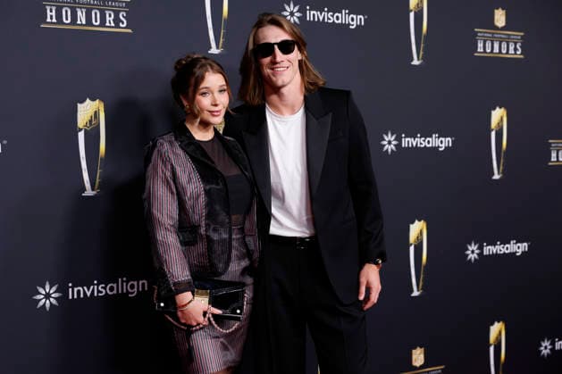 RECORD DATE NOT STATED Marissa Mowry and Trevor Lawrence arrive on the red carpet at the 2026 NFL, American Football Herren, USA Honors presented by Invisalign in the days leading up to Super Bowl LX in San Francisco on Thursday, February 5, 2026. The New England Patriots will play the Seattle Seahawks in Super Bowl LX at Levi s Stadium in Santa Clara on Sunday, February 8, 2026.  SBP20260205392 JOHNxANGELILLO