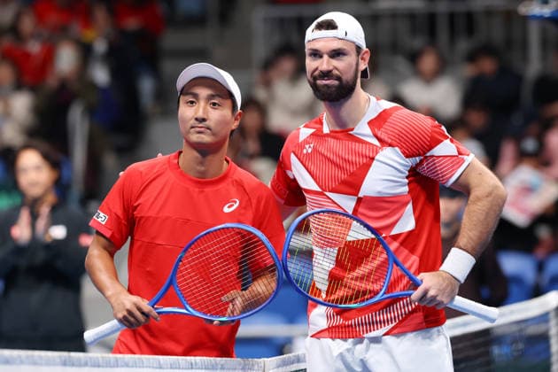 (L-R) Shintaro Mochizuki (JPN), Jurij Rodionov (AUT), FEBRUARY 6, 2026 - Tennis : 2026 Davis Cup Final Qualifier Round 1 between Japan - Austria at Ariake Colosseum, Tokyo, Japan. Noxthirdxpartyxsales  aflo_318656777