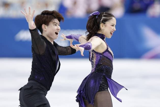 Milan Cortina Olympics: Figure skating, Eiskunstlauf Japanese ice dancers Utana Yoshida (R) and Masaya Morita perform their rhythm dance during the figure skating team event at the Milan Cortina Olympics at Milano Ice Skating Arena in Milan on Feb. 6, 2026.  A14AA0005248595P