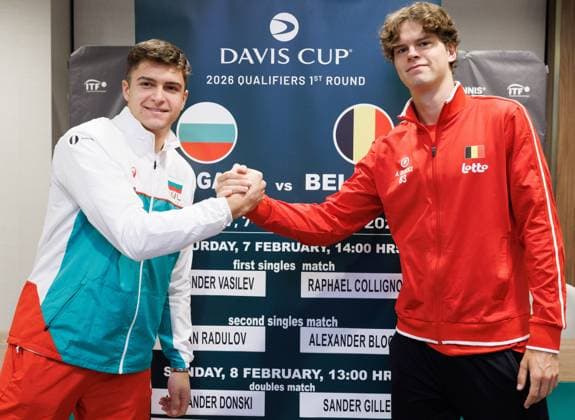 Bulgarian Alexander Vasilev and Belgian Alexander Blockx pictured aftera a press conference, PK, Pressekonferenz of the Belgian team, Friday 06 February 2026, in Plovdiv, Bulgaria. Belgium will compete this weekend in the Davis Cup qualifiers against Bulgaria. BENOITxDOPPAGNE  x161465998x