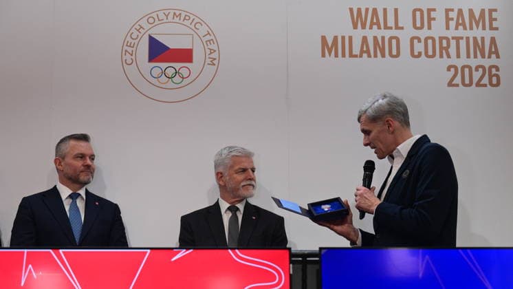 Slovak President Peter Pellegrini, Czech President Petr Pavel and President of the Czech Olympic Committee (COV) Jiri Kejval officially opened Czech House at Olympic Games, Olympische Spiele, Olympia, OS in Milan, Italy, on February 6, 2026. On the photo Kejval hans over a memorial medal to President Pavel. (CTKxPhoto MichalxKamaryt) CTKPhotoP2026020604403  CTKPhotoP2026020604403