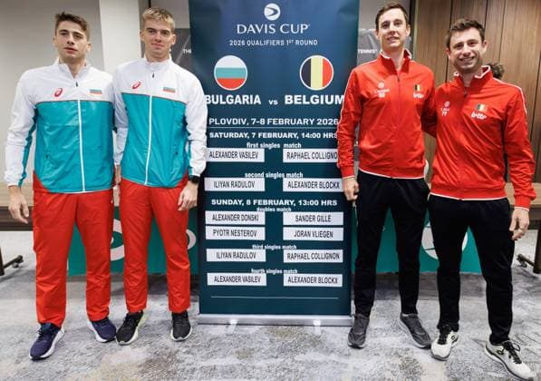 Bulgarian Alexander Donski, Bulgarian Pyotr Nesterov, Belgian Joran Vliegen and Belgian Sander Gille pose for the press at the draw ata a press conference, PK, Pressekonferenz of the Belgian team, Friday 06 February 2026, in Plovdiv, Bulgaria. Belgium will compete this weekend in the Davis Cup qualifiers against Bulgaria. BENOITxDOPPAGNE  x161470390x