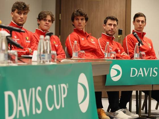 Belgian Raphael Collignon, Belgian Alexander Blockx, Belgian Gilles-Arnaud Bailly, Belgian Sander Gille and Belgian Joran Vliegen pictured duringa a press conference, PK, Pressekonferenz of the Belgian team, Friday 06 February 2026, in Plovdiv, Bulgaria. Belgium will compete this weekend in the Davis Cup qualifiers against Bulgaria. BENOITxDOPPAGNE  x161470685x