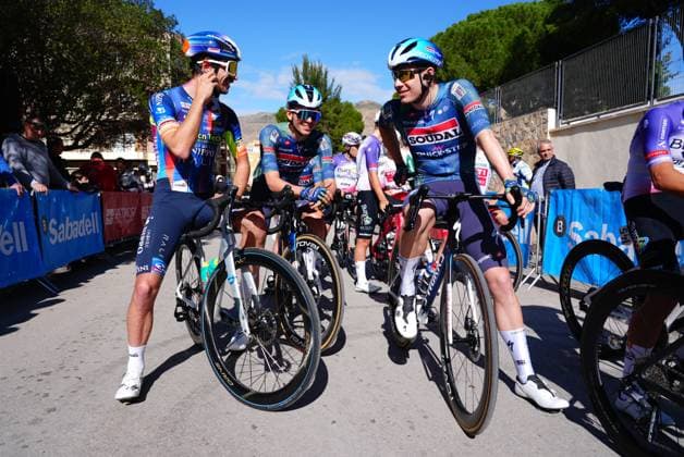 Unidentified riders at the strat of stage 3 of the 2026 Volta Comunitat Valenciana, Tour of Valencia cycling race, a race from Orihuela to San Vicente del Raspeig (158,2 km), on Friday 06 February 2026 in Spain. The race takes place from 4 to 8 February and runs through the three provinces of the Valencian Community. JOMAxGARCIA  x161478456x