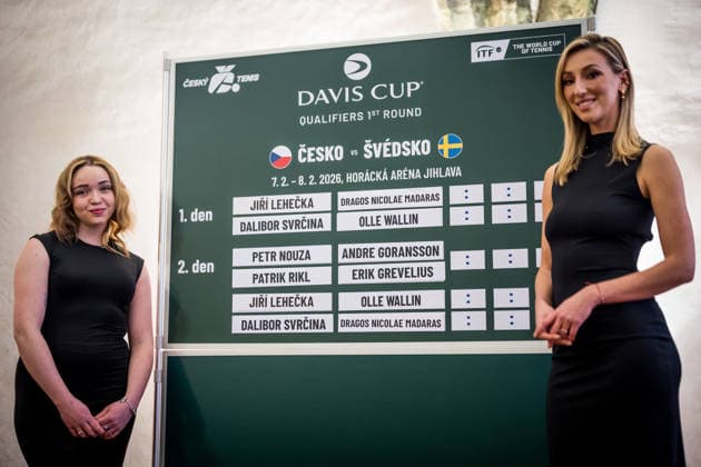 Draw for the Davis Cup qualifying match Czech Republic - Sweden, in Jihlava, Czech Republic, on February 6, 2026. Hostesses at the board with the drawn order of matches. (CTKxPhoto JaroslavxSvoboda) CTKPhotoP2026020605068  CTKPhotoP2026020605068