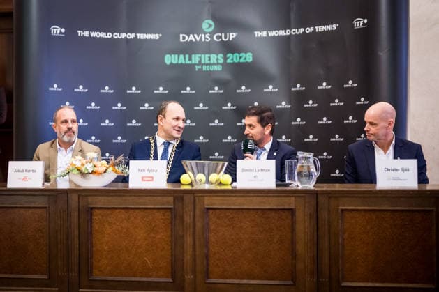 Draw for the Davis Cup qualifying match Czech Republic - Sweden, in Jihlava, Czech Republic, on February 6, 2026. From left: Jakub Kotrba, president of the Czech Tennis Federation, Petr Ryska (ODS), mayor of Jihlava, Dimitri Leifman, chief referee of the match, and Christer Sjoo, secretary of the Swedish Tennis Federation. (CTKxPhoto JaroslavxSvoboda) CTKPhotoP2026020605325  CTKPhotoP2026020605325