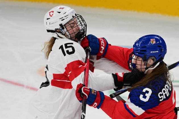 L-R Laure Meriguet (SUI) and Adela Sapovalivova (CZE) in action during women s Ice hockey, Eishockey match of Group A: Czechia vs Switzerland, at the Milano Cortina 2026 Winter Olympic Games, Olympische Spiele, Olympia, OS in Milan, Italy, on February 6, 2026. (CTKxPhoto MichalxKamaryt) CTKPhotoP2026020607428  CTKPhotoP2026020607428